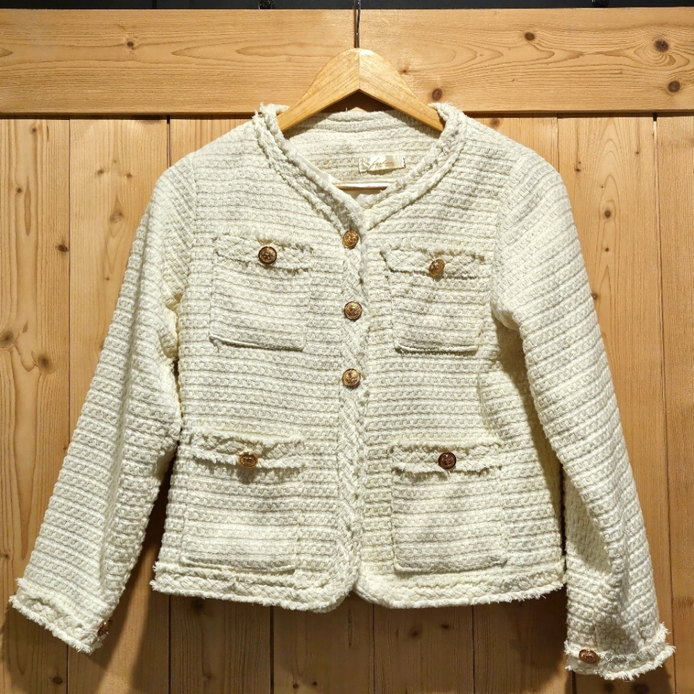 Ivory tweed blazer gold buttons